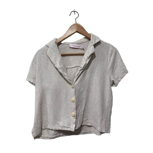 Lisa Says Gah Short Sleeve Collared Cropped Button Front Shirt Beige Size XS - Picture 3 of 12